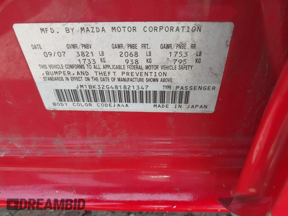2008 Mazda 3 i Touring with VIN JM1BK32G481821347, listed as a IAAI auction lot 42152190 with 211,226 mi miles and . Bid and sale history available at DreamBid. Image 9.