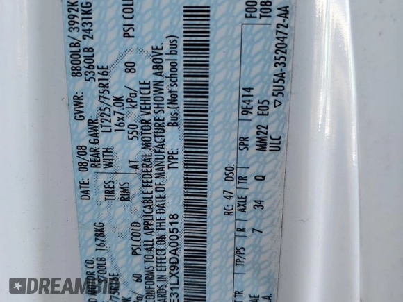 2009 Ford Econoline Passenger XL с VIN 1FBNE31LX9DA00518, выставлен на аукционе Copart как лот 74090534 с пробегом 274 223 миль миль и На запчасти • Non repairable. История ставок и продаж доступна на DreamBid. Изображение 13.
