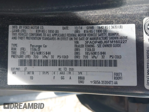 2015 Ford Fiesta SE with VIN 3FADP4BJ6FM160227, listed as a IAAI auction lot 42239191 with 131,614 mi miles and . Bid and sale history available at DreamBid. Image 9.