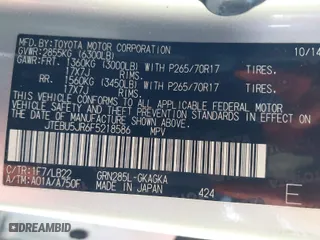 2015 Toyota 4Runner Limited with VIN JTEBU5JR6F5218586, listed as a IAAI auction lot 41594711 with 164,713 mi miles. Bid and sale history available at carsss.com. Image 9.