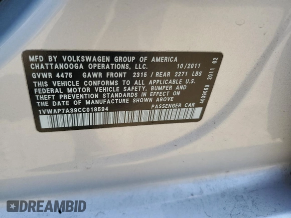 2012 Volkswagen Passat S with VIN 1VWAP7A39CC018594, listed as a Copart auction lot 54530385 with 232,311 mi miles and Salvage title. Bid and sale history available at DreamBid. Image 12.