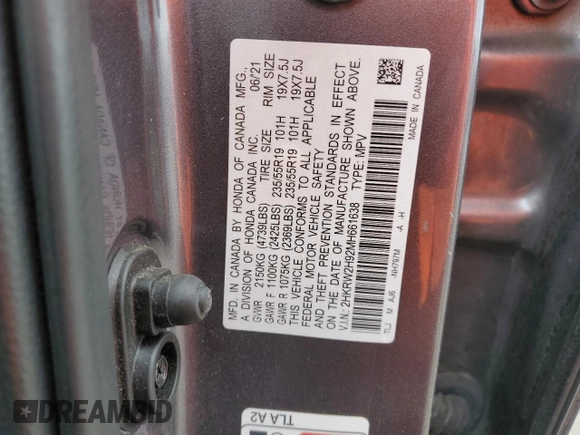 2021 Honda CR-V Touring with VIN 2HKRW2H92MH661638, listed as a Copart auction lot 47449695 with 63,106 mi miles and Salvage Title. Bid and sale history available at carsss.com. Image 13.