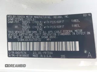 2016 Toyota Sienna LE AAS with VIN 5TDKK3DCXGS709132, listed as a IAAI auction lot 41993473 with 270,811 mi miles. Bid and sale history available at carsss.com. Image 9.
