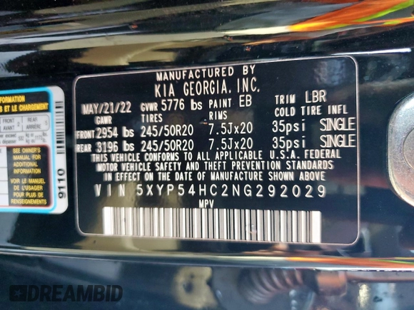 2022 Kia Telluride SX with VIN 5XYP54HC2NG292029, listed as a Copart auction lot 52113985 with 66,248 mi miles and Salvage title. Bid and sale history available at DreamBid. Image 14.