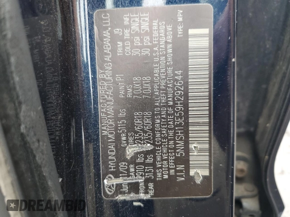 2009 Hyundai Santa Fe SE with VIN 5NMSH13E59H292644, listed as a Copart auction lot 60900555 with 205,048 mi miles and Salvage title. Bid and sale history available at DreamBid. Image 13.