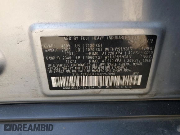 2013 Subaru Outback Limited with VIN 4S4BRDKC0D2257890, listed as a Copart auction lot 60797995 with 93,660 mi miles and Salvage title. Bid and sale history available at DreamBid. Image 14.