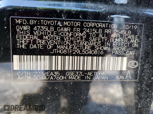 2020 Lexus IS with VIN JTHG81F29L5040816, listed as a Copart auction lot 45840415 with 103,121 mi miles and Salvage Title. Bid and sale history available at carsss.com. Image 14.