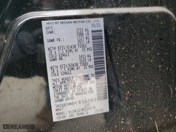 2015 Nissan Pathfinder S with VIN 5N1AR2MM8FC656503, listed as a Copart auction lot 46311115 with 118,320 mi miles and Salvage Title. Bid and sale history available at carsss.com. Image 13.