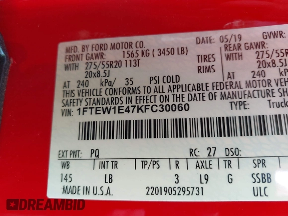2019 Ford F-150 XL with VIN 1FTEW1E47KFC30060, listed as a IAAI auction lot 41805523 with 67,074 mi miles. Bid and sale history available at carsss.com. Image 9.
