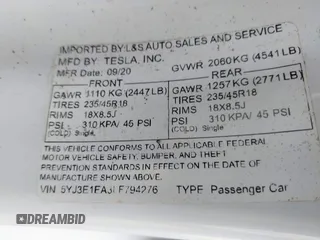 2020 Tesla Model 3 Standard Range Plus z VIN 5YJ3E1EA3LF794276, wystawiony jako IAAI lot #42390409 z przebiegiem 51 924 mil mil oraz . Historia ofert i sprzedaży dostępna na DreamBid. Obrazek 9.