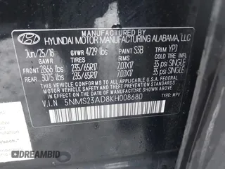 2019 Hyundai Santa Fe SE with VIN 5NMS23AD8KH008680, listed as a IAAI auction lot 42023218 with 67,745 mi miles and . Bid and sale history available at DreamBid. Image 9.