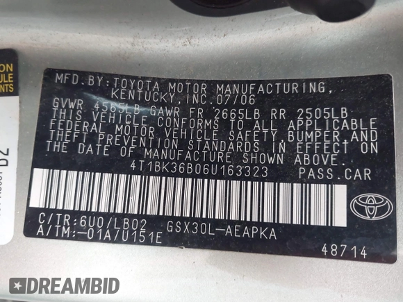 2006 Toyota Avalon XL with VIN 4T1BK36B06U163323, listed as a IAAI auction lot 41553440 with 161,342 mi miles and . Bid and sale history available at DreamBid. Image 9.