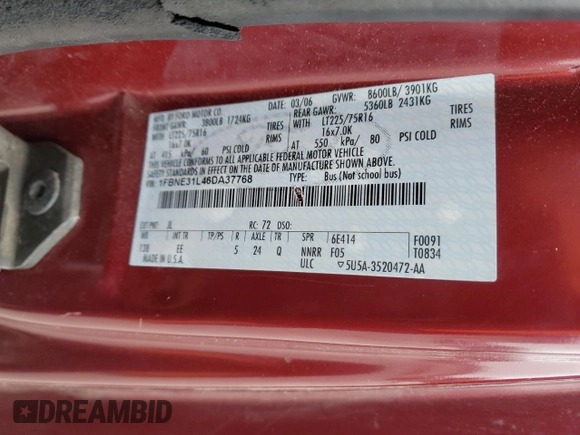 2006 Ford Econoline Passenger XL with VIN 1FBNE31L46DA37768, listed as a Copart auction lot 88320545 with Not provided miles and Salvage title. Bid and sale history available at DreamBid. Image 13.