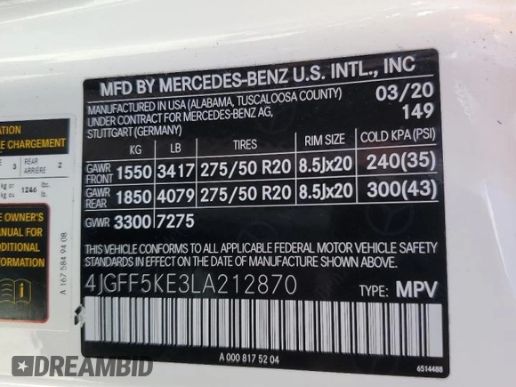2020 Mercedes-Benz GLS 450 with VIN 4JGFF5KE3LA212870, listed as a Copart auction lot 60839094 with 27,549 mi miles and Salvage Title. Bid and sale history available at DreamBid. Image 13.