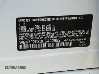 2017 BMW 7 Series with VIN WBA7F2C30HG422882, listed as a Copart auction lot 39604234 with 70,888 mi miles and . Bid and sale history available at DreamBid. Image 12.