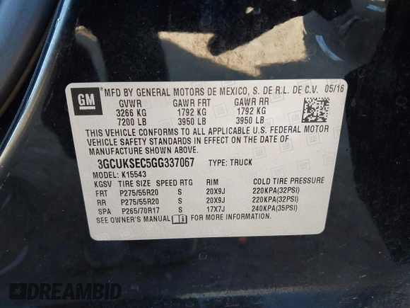 2016 Chevrolet Silverado 1500 LTZ with VIN 3GCUKSEC5GG337067, listed as a IAAI auction lot 41307040 with Not Provided miles. Bid and sale history available at carsss.com. Image 9.