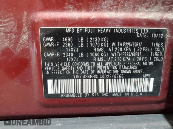 2013 Subaru Outback Limited with VIN 4S4BRDLC0D2248766, listed as a Copart auction lot 64082315 with 233,943 mi miles and Clean title. Bid and sale history available at DreamBid. Image 13.