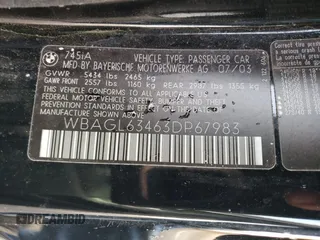 2003 BMW 7 Series 745i with VIN WBAGL63463DP67983, listed as a Copart auction lot 78225504 with Not provided miles and Clean title. Bid and sale history available at DreamBid. Image 12.