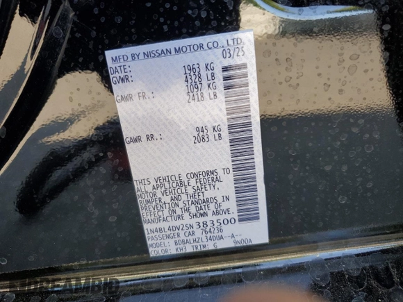 2025 Nissan Altima SV z VIN 1N4BL4DV2SN383500, wystawiony jako Copart lot #59168345 z przebiegiem 1 987 mil mil oraz Czysty tytuł • Clean title. Historia ofert i sprzedaży dostępna na DreamBid. Obrazek 12.