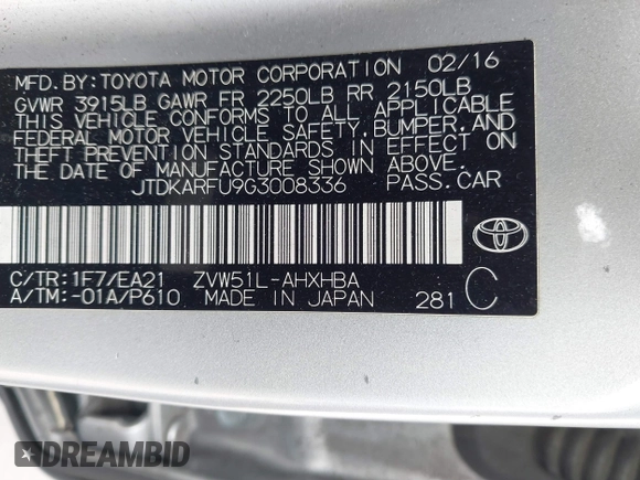 2016 Toyota Prius Four with VIN JTDKARFU9G3008336, listed as a IAAI auction lot 41710594 with 224,479 mi miles and . Bid and sale history available at DreamBid. Image 9.