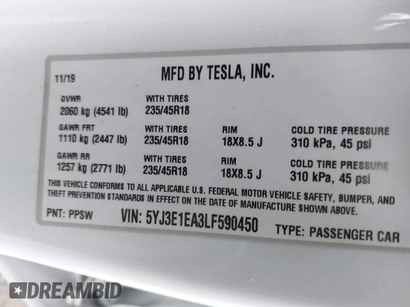 2020 Tesla Model 3 Standard Range Plus z VIN 5YJ3E1EA3LF590450, wystawiony jako IAAI lot #42026296 z przebiegiem 68 242 mil mil oraz . Historia ofert i sprzedaży dostępna na DreamBid. Obrazek 9.