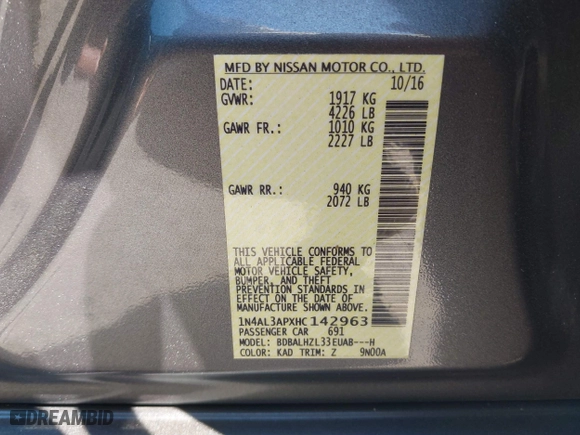 2017 Nissan Altima 2.5 SR with VIN 1N4AL3APXHC142963, listed as a IAAI auction lot 41849533 with 51,237 mi miles. Bid and sale history available at carsss.com. Image 9.