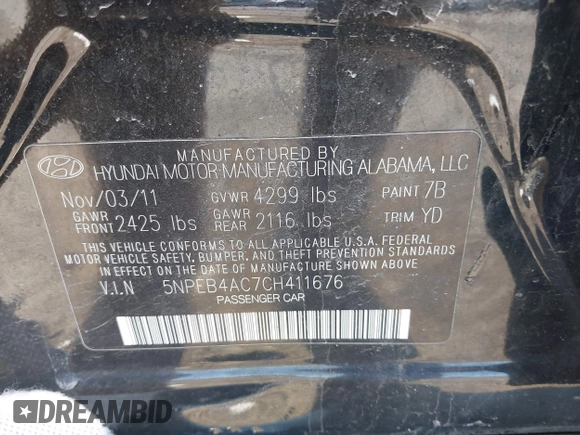 2012 Hyundai Sonata GLS with VIN 5NPEB4AC7CH411676, listed as a IAAI auction lot 41984846 with 197,647 mi miles. Bid and sale history available at carsss.com. Image 9.