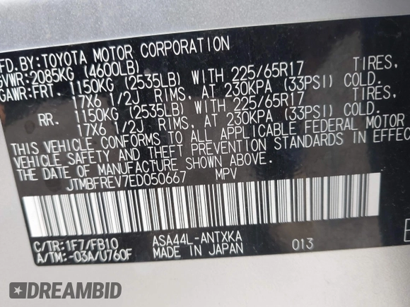 2014 Toyota RAV4 LE with VIN JTMBFREV7ED050667, listed as a IAAI auction lot 42082759 with 270,927 mi miles and . Bid and sale history available at DreamBid. Image 9.