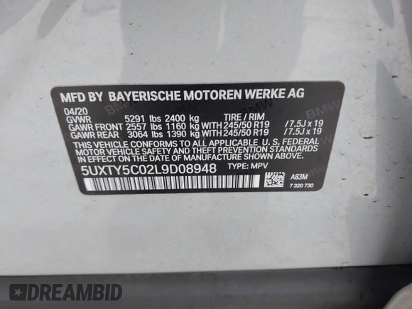 2020 BMW X3 xDrive30i with VIN 5UXTY5C02L9D08948, listed as a IAAI auction lot 40915768 with 72,276 mi miles and . Bid and sale history available at DreamBid. Image 9.
