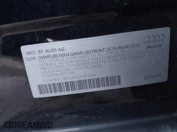 2006 Audi A4 2.0T с VIN WAUKF78EX6A248286, выставлен на аукционе IAAI как лот 41232399 с пробегом 190 968 миль миль и . История ставок и продаж доступна на DreamBid. Изображение 9.