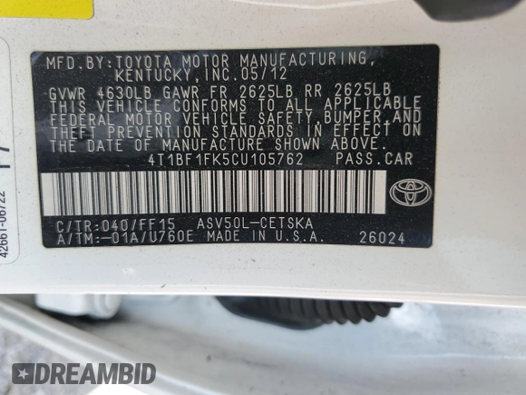 2012 Toyota Camry L with VIN 4T1BF1FK5CU105762, listed as a Copart auction lot 54108565 with 216,685 mi miles and Clean Title. Bid and sale history available at carsss.com. Image 12.