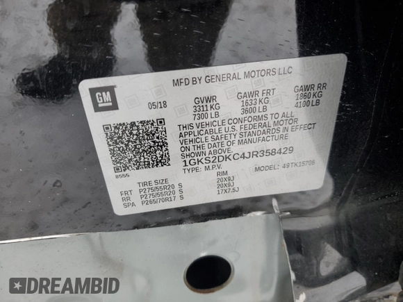 2018 GMC Yukon SLT Standard Edition with VIN 1GKS2DKC4JR358429, listed as a Copart auction lot 87167564 with 117,764 mi miles and Clean Title. Bid and sale history available at carsss.com. Image 13.