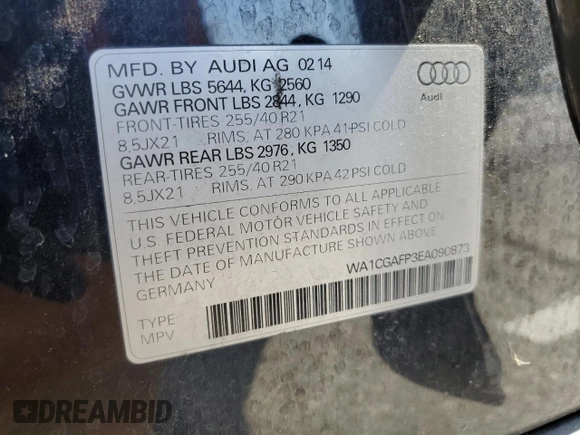 2014 Audi SQ5 Premium Plus z VIN WA1CGAFP3EA090873, wystawiony jako Copart lot #52160785 z przebiegiem 159 664 mil mil oraz Szkoda całkowita • Salvage title. Historia ofert i sprzedaży dostępna na DreamBid. Obrazek 15.