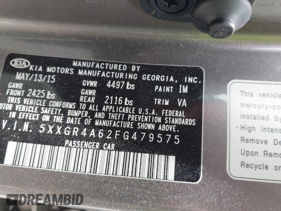 2015 Kia Optima SX Turbo with VIN 5XXGR4A62FG479575, listed as a IAAI auction lot 42357939 with 62,589 mi miles and . Bid and sale history available at DreamBid. Image 9.