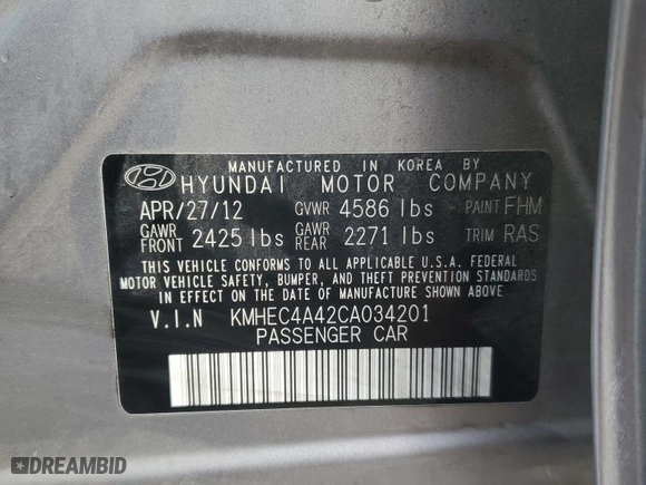 2012 Hyundai Sonata Hybrid with VIN KMHEC4A42CA034201, listed as a Copart auction lot 41503055 with 0 mi miles and Salvage Title. Bid and sale history available at carsss.com. Image 13.