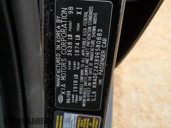 2009 Kia Rio LX with VIN KNADE243896580883, listed as a Copart auction lot 43735505 with 135,726 mi miles and Salvage Title. Bid and sale history available at carsss.com. Image 12.