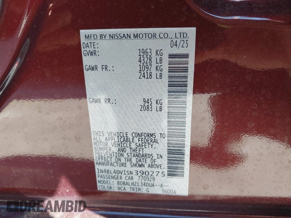 2025 Nissan Altima SV z VIN 1N4BL4DV1SN390275, wystawiony jako IAAI lot #42223725 z przebiegiem 1 640 mil mil oraz . Historia ofert i sprzedaży dostępna na DreamBid. Obrazek 9.