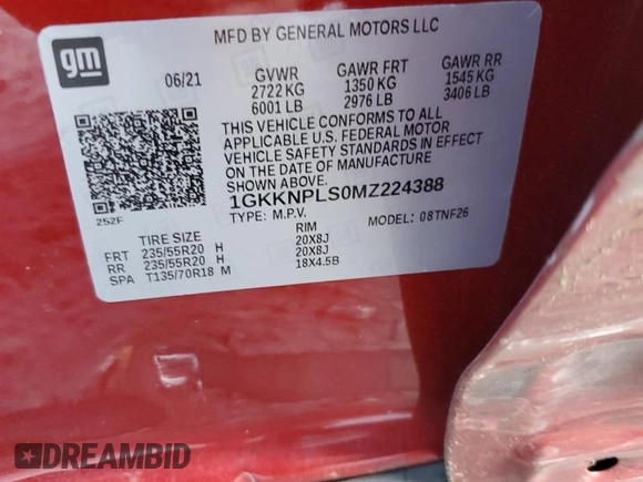 2021 GMC Acadia Denali with VIN 1GKKNPLS0MZ224388, listed as a Copart auction lot 88892385 with 47,240 mi miles and Salvage Title. Bid and sale history available at carsss.com. Image 13.