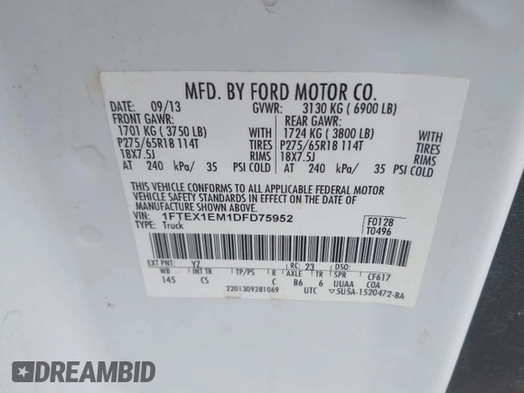 2013 Ford F-150 XL with VIN 1FTEX1EM1DFD75952, listed as a IAAI auction lot 42112875 with 171,472 mi miles and . Bid and sale history available at DreamBid. Image 9.