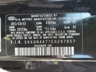 2014 Kia Optima EX with VIN 5XXGN4A77EG297857, listed as a Copart auction lot 46176715 with 150,452 mi miles and Salvage Title. Bid and sale history available at carsss.com. Image 12.