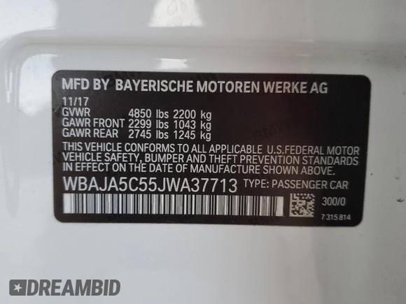 2018 BMW 5 Series 530i with VIN WBAJA5C55JWA37713, listed as a Copart auction lot 49261225 with 79,941 mi miles and Clean Title. Bid and sale history available at DreamBid. Image 13.