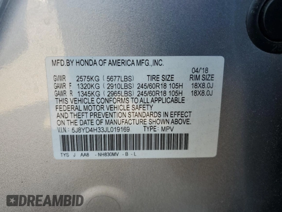 2018 Acura MDX with VIN 5J8YD4H33JL019169, listed as a Copart auction lot 75178824 with 68,676 mi miles and Salvage title. Bid and sale history available at DreamBid. Image 14.