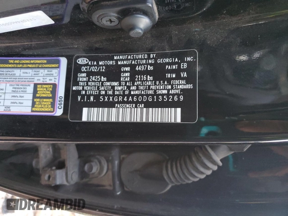 2013 Kia Optima SX with VIN 5XXGR4A60DG135269, listed as a Copart auction lot 52958375 with 179,194 mi miles and Clean Title. Bid and sale history available at carsss.com. Image 12.