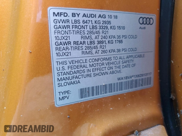 2019 Audi Q8 Premium Plus z VIN WA1BVAF1XKD013117, wystawiony jako Copart lot #78453904 z przebiegiem Nie podano mil oraz Nie do naprawy • Non repairable. Historia ofert i sprzedaży dostępna na DreamBid. Obrazek 14.