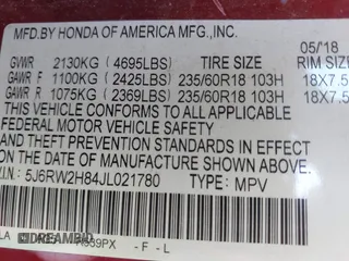 2018 Honda CR-V EX-L with VIN 5J6RW2H84JL021780, listed as a IAAI auction lot 41652489 with 39,217 mi miles. Bid and sale history available at carsss.com. Image 9.