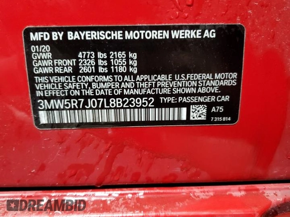2020 BMW 3 Series 330i xDrive with VIN 3MW5R7J07L8B23952, listed as a Copart auction lot 50653855 with 111,727 mi miles and Clean Title. Bid and sale history available at carsss.com. Image 13.
