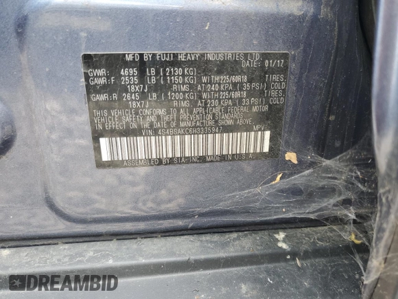 2017 Subaru Outback Limited with VIN 4S4BSAKC6H3335947, listed as a Copart auction lot 65353205 with Not provided miles and Salvage title. Bid and sale history available at DreamBid. Image 13.