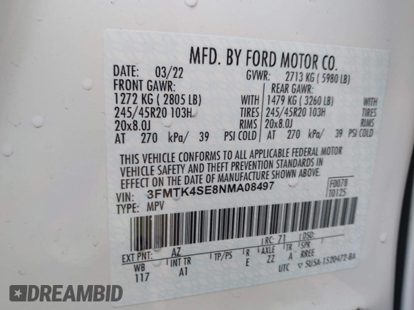 2022 Ford Mustang Mach-E GT with VIN 3FMTK4SE8NMA08497, listed as a IAAI auction lot 42050978 with 42,577 mi miles and . Bid and sale history available at DreamBid. Image 9.