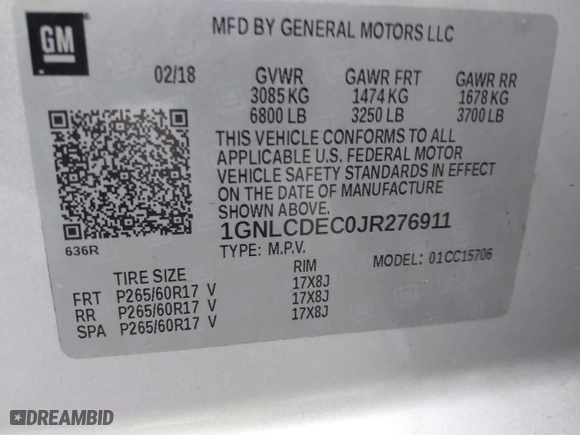 2018 Chevrolet Tahoe Commercial with VIN 1GNLCDEC0JR276911, listed as a IAAI auction lot 40809423 with 110,163 mi miles. Bid and sale history available at carsss.com. Image 9.