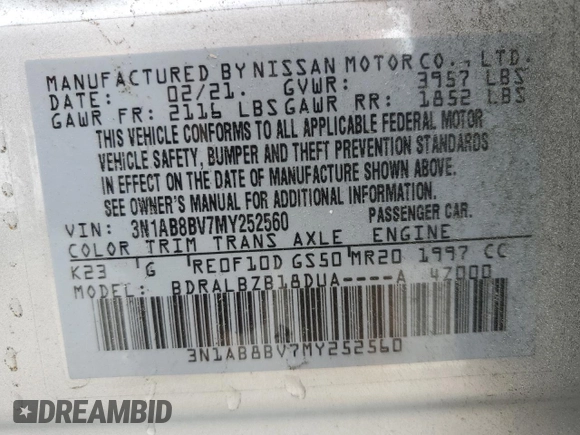 2021 Nissan Sentra S with VIN 3N1AB8BV7MY252560, listed as a Copart auction lot 52709945 with 26,641 mi miles and Salvage Title. Bid and sale history available at DreamBid. Image 14.